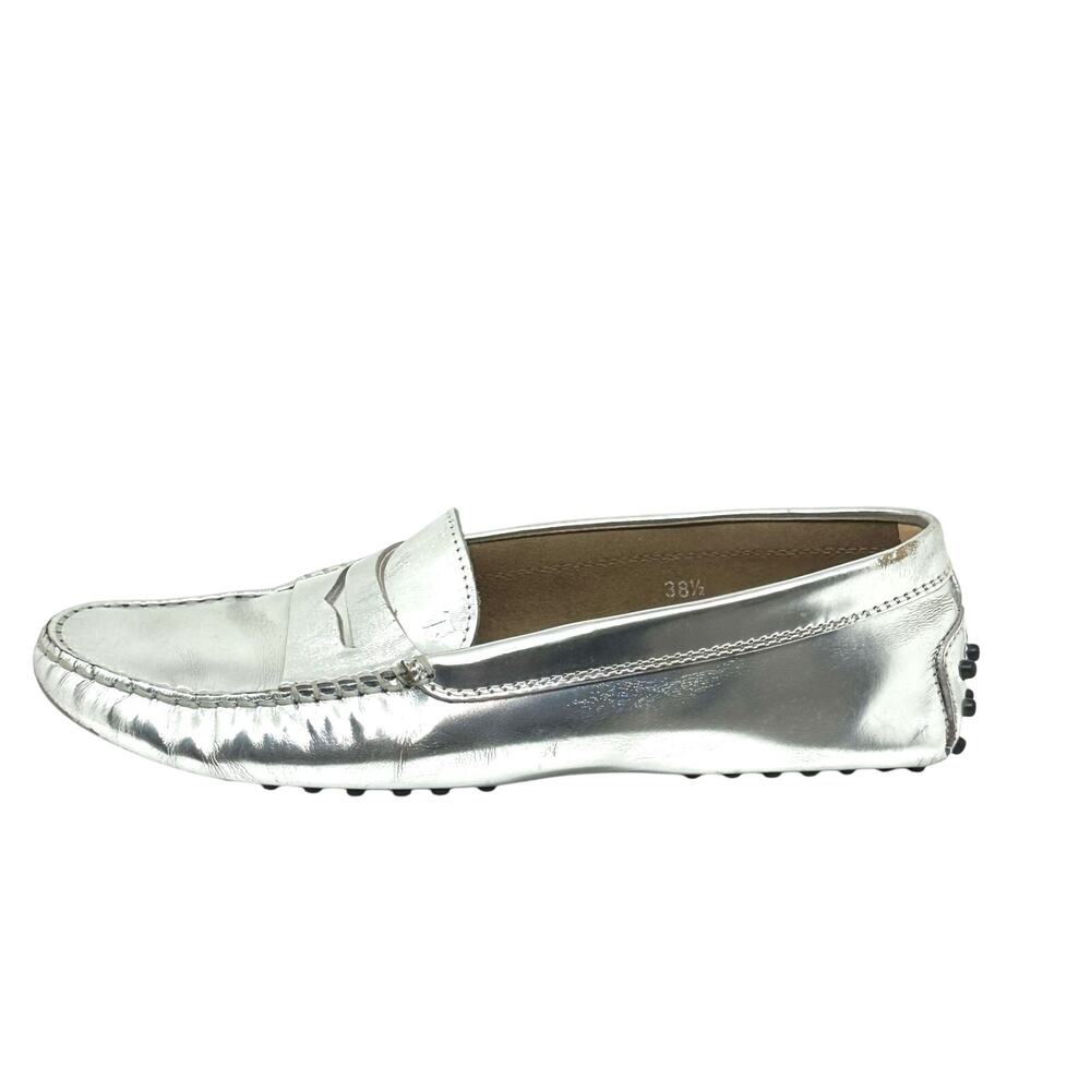 TOD’S Shiny Silver Leather City Gommino Driving Shoes Penny Loafers Women’s 38.5